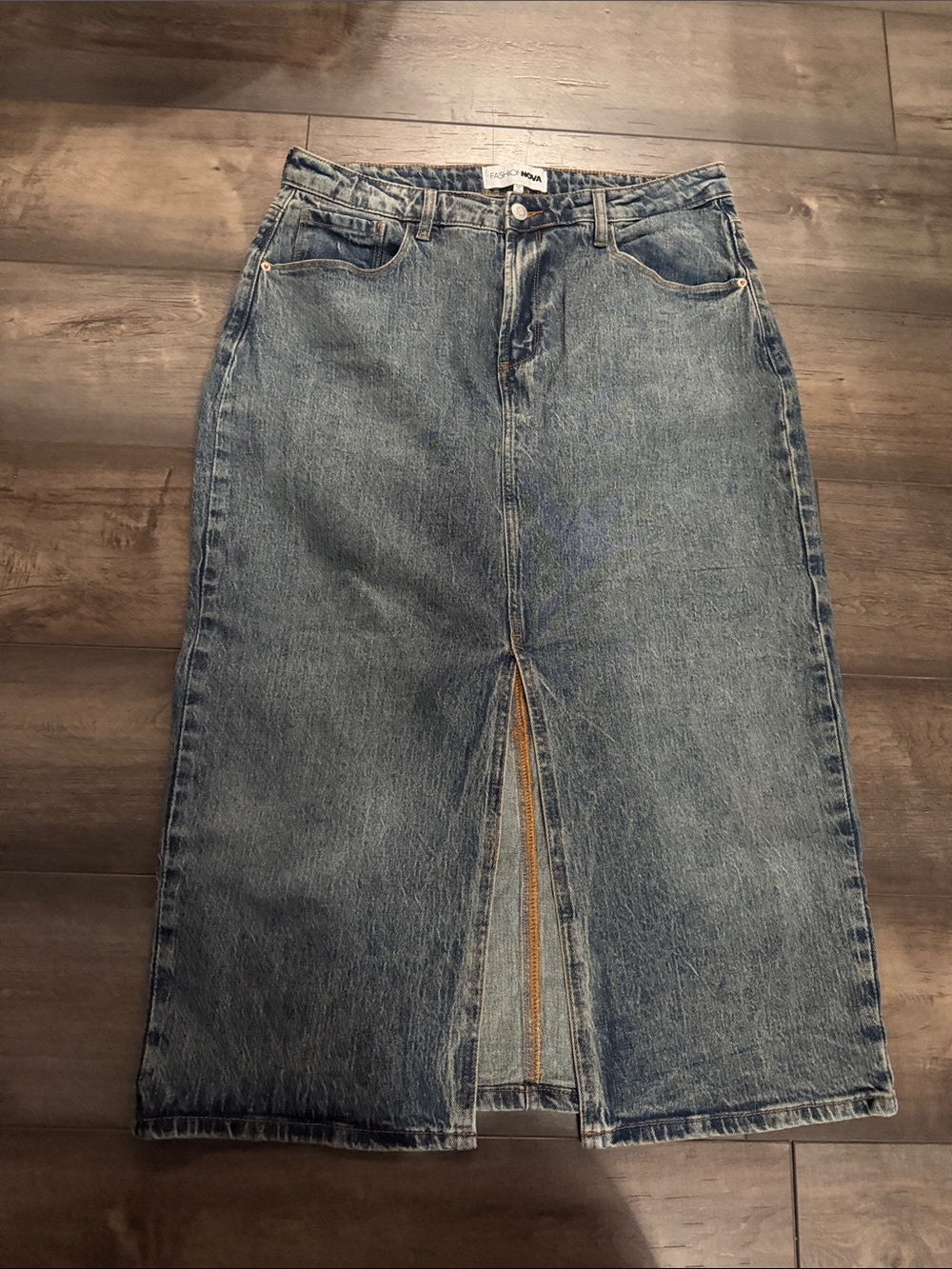 Denim Midi Skirt with Front Slit